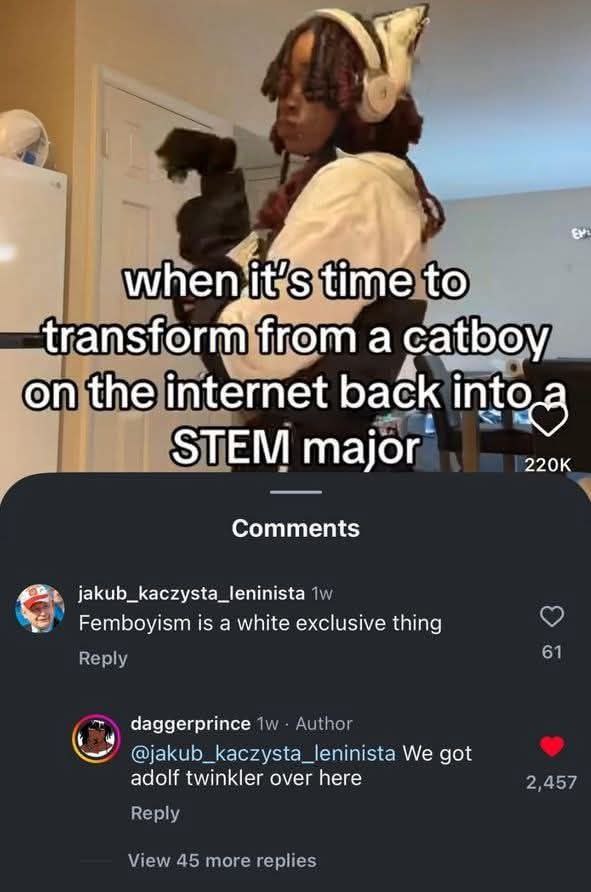 whe n,it tO; а catboy On; ‘the internet back into Comments в Femboyism is a white exclusive thing daggerprince @jakub_kaczysta_leninista We got adolf twinkler over here вер 4 гор