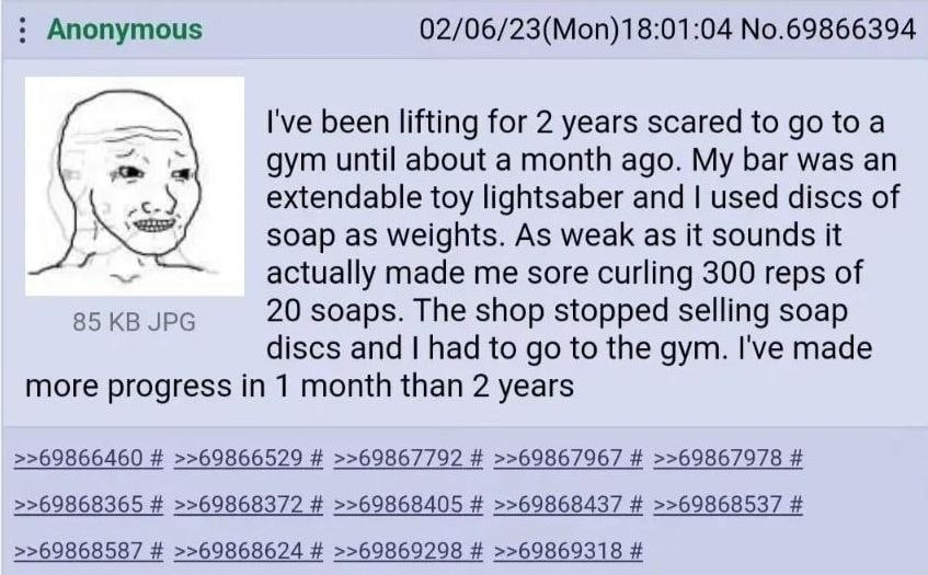 Anonymous 02/06/23(Mon)18:01:04 No.69866394 I've been lifting for 2 years scared to toa gym until about a month ago. My bar was an extendable toy lightsaber and used discs of soap as weights. As weak 
