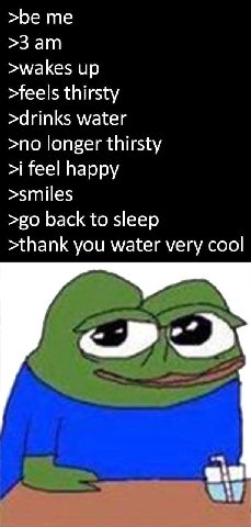 >be >3 >wakes up >feels thirsty >drinks water >no longer thirsty >i feel happy >smiles back to sleep >thank you water very cool