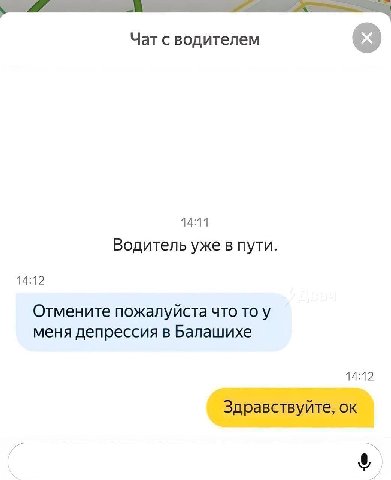 Чат с водителем 14:11 Водитель уже в пути. 14:12 Отмените пожалуйста что то у меня депрессия в Балашихе 14:12 Здравствуйте,
