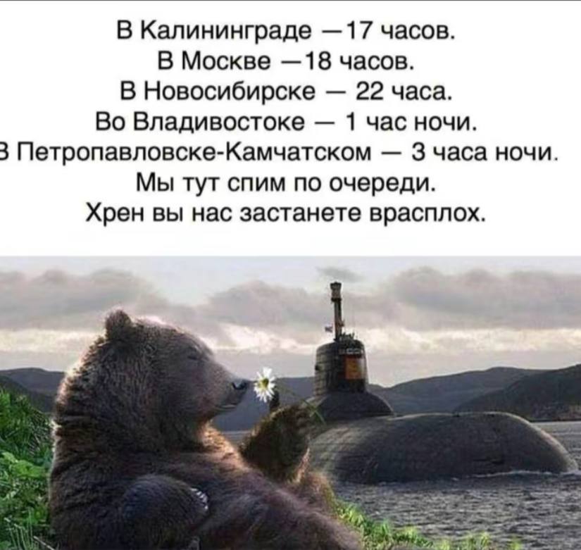 В Калининграде —17 часов. В Москве —18 часов. В Новосибирске 22 часа. Во Владивостоке 1 час ночи. 3 Петропавловске-Камчатском 3 часа ночи. Мы тут спим по очереди. Хрен вы нас застанете врасплох. У