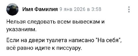 Имя Фамилия 9 янв 2026 в 3:58 Нельзя следовать всем вывескам и указаниям. Если на двери туалета написано 'На всё равно идите к писсуару.