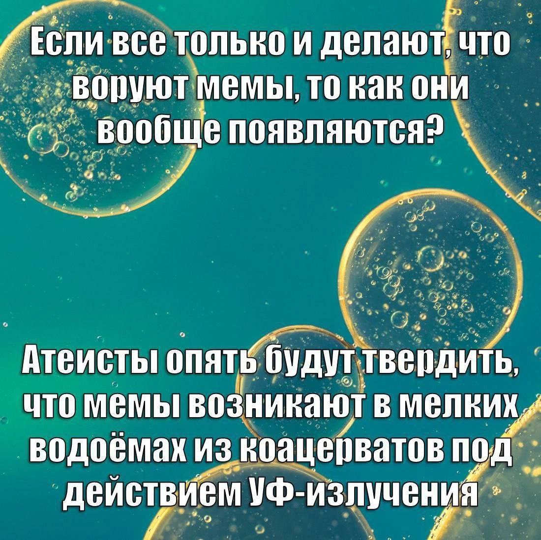 все делают! что воруют мемы, то как они ‚вообще Атеисты будут твердить, что мемы возникают в мелких, водоемах из под действием УФ-излучения