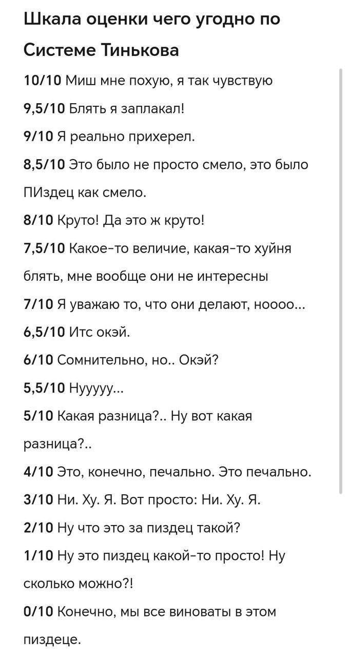 Шкала оценки чего угодно по Системе Тинькова 10/10 Миш мне похую, я так чувствую 9,5/10 Блять я заплакал! 9/10 Я реально прихерел. 8,5/10 Это было не просто смело, это было как смело. 8/10 Круто! Да э