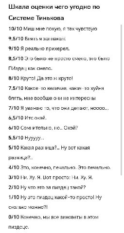 Шкала оценки чего угодно по Системе Тинькова 10/10 Миш мне похую, я так чувствую 9,5/10 Блять я заплакал! 9/10 Я реально прихерел. 8,5/10 Это было не просто смело, это было как смело. 8/10 Круто! Да э