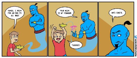 GENIE, WISH YOUR WISH FOR AN END TO IS MY COMMAND. ALL WAR! с\ Я в {7 A) a УАААААУ! i