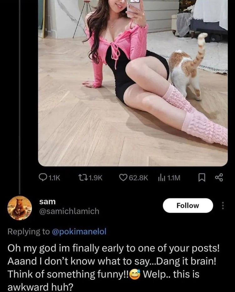 int -у sam @samichlamich о Replying to @pokimanelol my god finally early to one of your posts! Aaand don’t know what to say...Dang it brain! Think of something funny!!}& this is awkward huh?