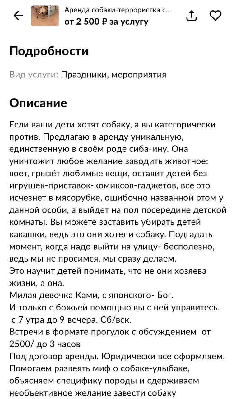 Аренда собаки-террористка с... 1 от 2 500 за услугу Подробности Вид услуги: Праздники, мероприятия Описание Если ваши дети хотят собаку, а вы категорически против. Предлагаю в аренду уникальную, единс