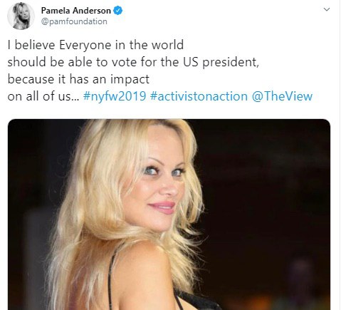 Pamela Anderson believe Everyone the world should be able to vote for the president, because it has an impact on all of #nyfw2019 #activistonaction @TheView 7 я 2. A