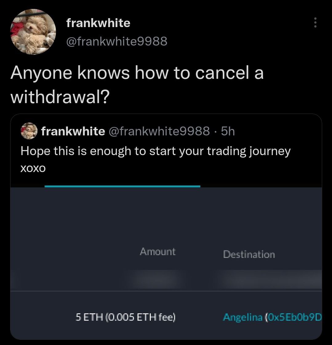 frankwhite 2 Апуопе knows how to cancel а withdrawal? frankwhite Hope this is enough to start your trading journey XOXO СТИ