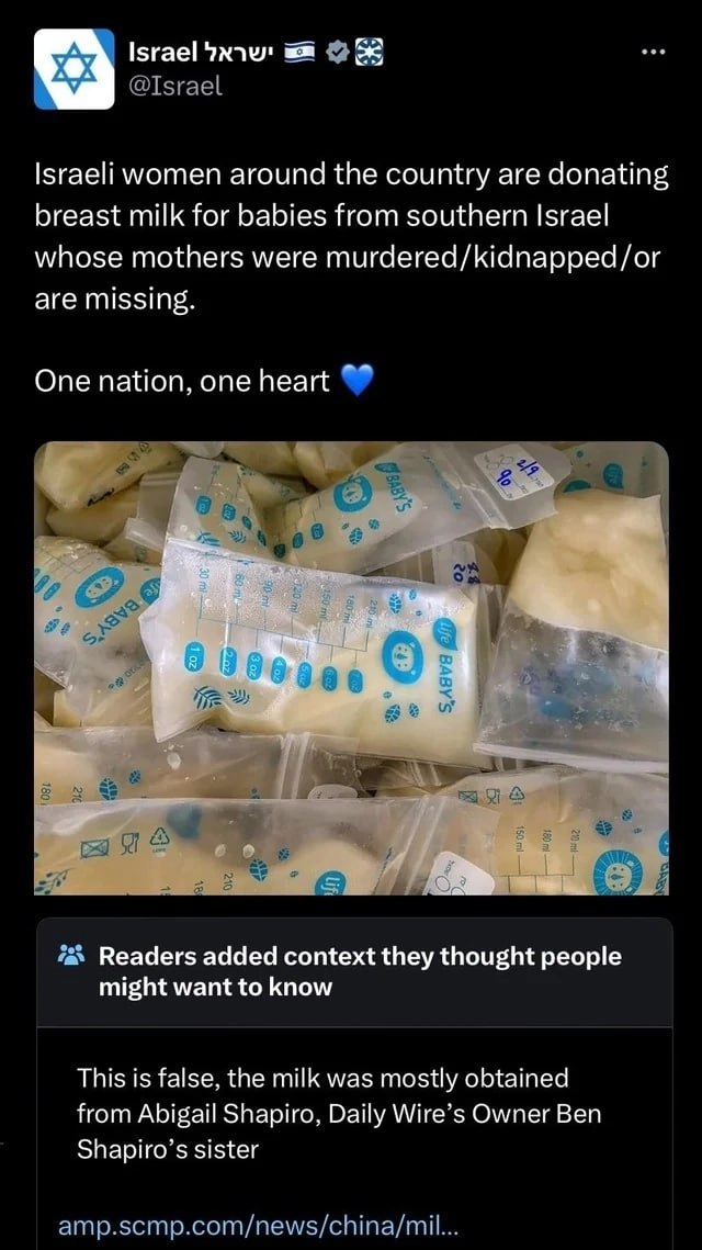 Israeli women around the country are donating breast milk for babies from southern Israel whose mothers were murdered/kidnapped/or are missing. Readers added context they thought people might want to 