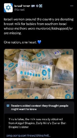 Israeli women around the country are donating breast milk for babies from southern Israel whose mothers were murdered/kidnapped/or are missing. Readers added context they thought people might want to 