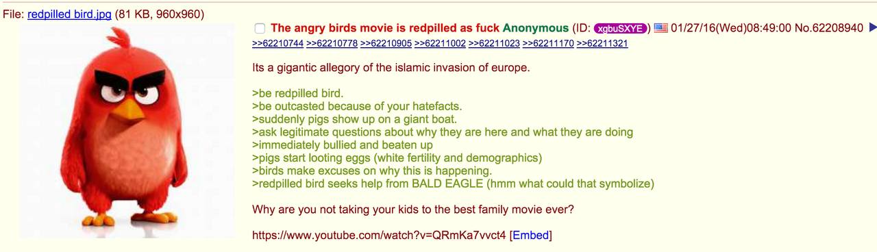 File: redpilled (81 The angry birds movie is redpilled as fuck Anonymous 01/27/16(Wed)08:49:00 No.62208940 >>62210744 >>62210778 >>62210905 >>62211002 >>62211023 >>62211170 >>62211321 Its a gigantic a