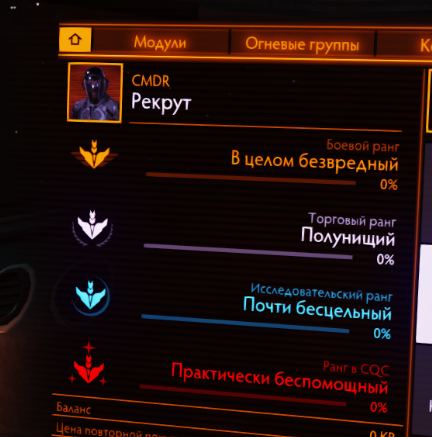 Огневые группы К CMDR Рекрут В целом безвредный 0% Торговый ранг олунищий 0% Исследовательский Ранг Почти бесцель ный 0%