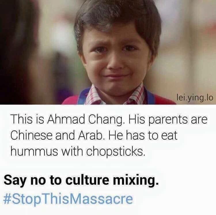 This is Anmad Chang. His parents are Chinese and Arab. He has to eat hummus with chopsticks. Say no to culture mixing. #StopThisMassacre