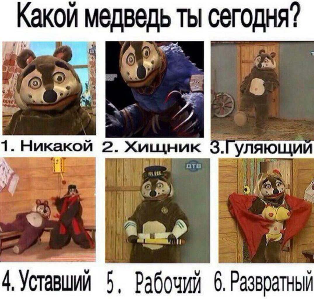 Какой медведь ты сегодня? 8 1. Никакой 2. 3. уляющий 4, Уставший 5, Рабочий 6. Развратный