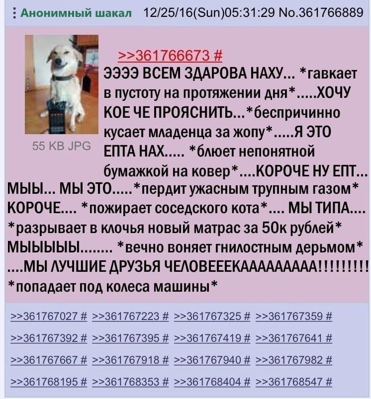 Анонимный шакал No.361766889 >>361766673 99339 ВСЕМ ЗДАРОВА НАХУ... *гавкает в пустоту на протяжении дня* ХОЧУ KOE ЧЕ ПРОЯСНИТЬ...*беспричинно кусает младенца за жопу* Я ЭТО 55 JPG ЕПТА НАХ *блюет неп