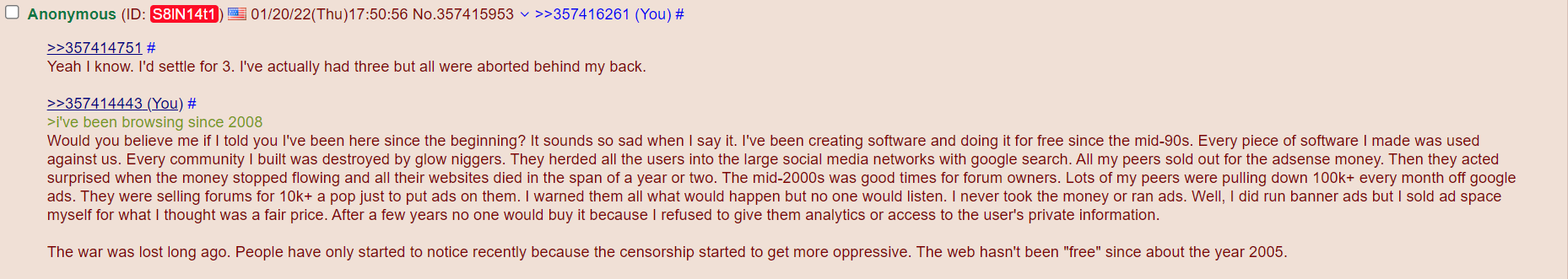 О Anonymous 01/20/22(Thu)17:50:56 №.357415953 >>357416261 (You) >>357414751 Yeah know. settle for 3. I've actually had three but all were aborted behind my back. >>357414443 (You) >i've been browsing 