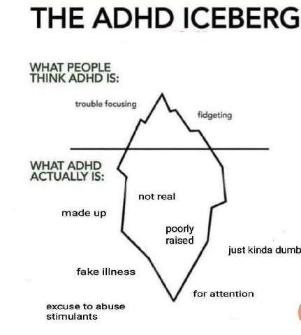 THE ADHD ICEBERG WHAT PEOPLE THINK ADHD IS: trouble focusing fidgeting WHAT ADHD ACTUALLY IS: not real made up poorly raised just kinda dumb fake illness for attention excuse to abuse stimulants