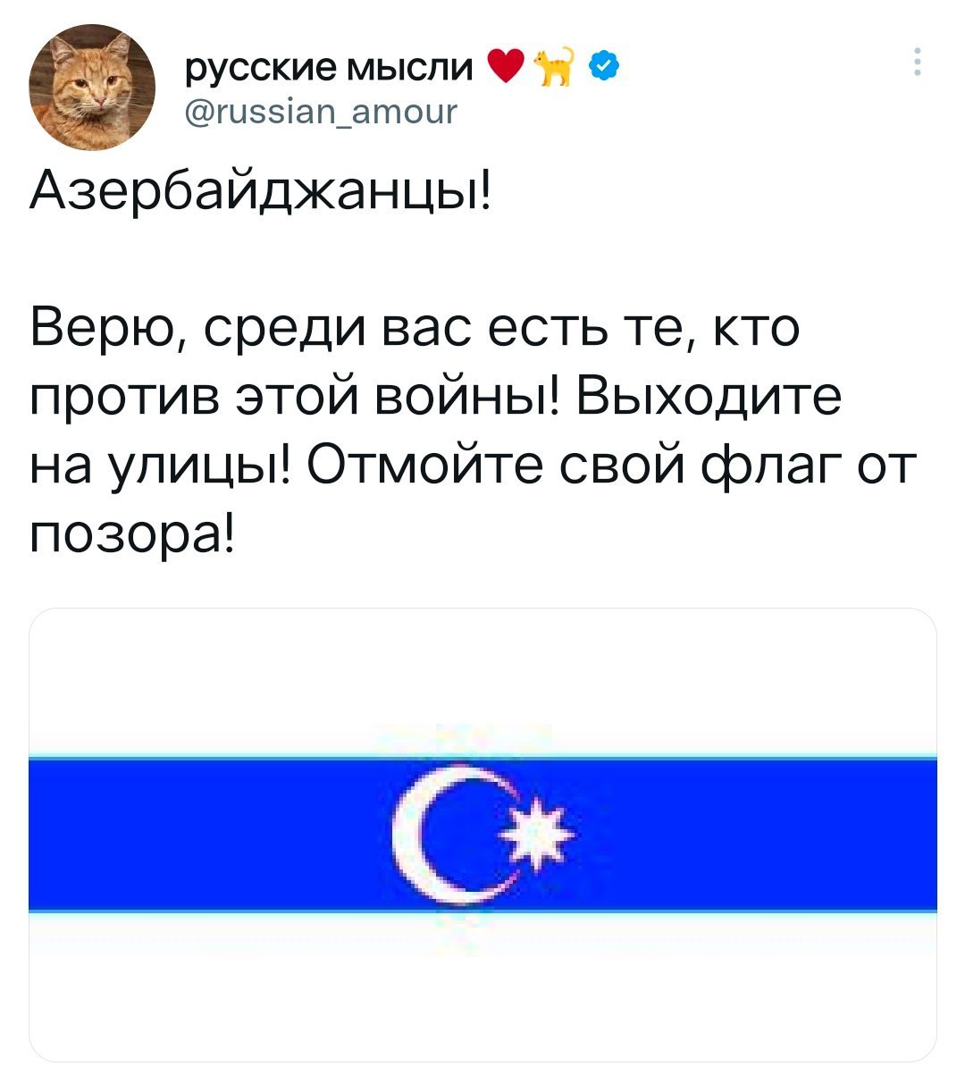 русские мысли @russian_amour Азербайджанцы! Верю, среди вас есть кто против этой войны! Выходите на улицы! Отмойте свой флаг от позора!