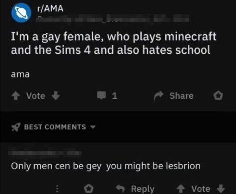 r/AMA a gay female, who plays minecraft and the Sims 4 and also hates school ama 4 Vote 1 Share о ВЕЗТ СОММЕМТ$ Only men cen be gey you might be lesbrion Reply 4% Vote