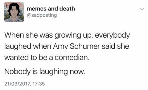 memes and death у @sadposting When she was growing up, everybody laughed when Amy Schumer said she wanted to be a comedian. Nobody is laughing now. 21/03/2017, 17:35