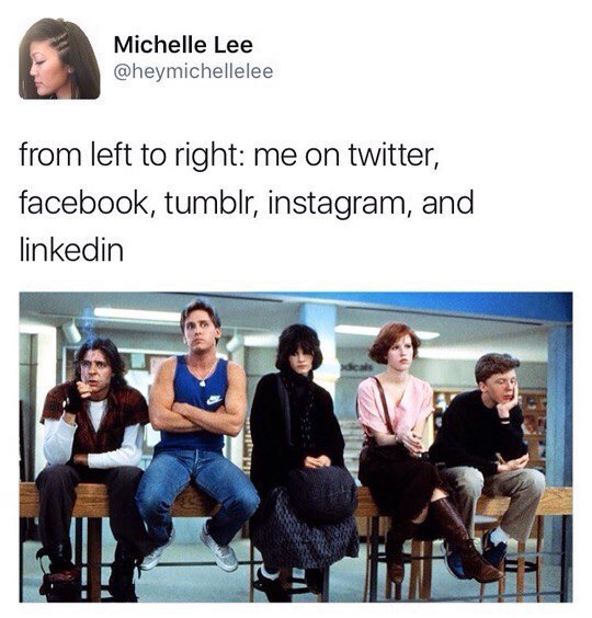 Michelle Lee @heymichellelee from left to right: me on twitter, facebook, tumblr, instagram, and linkedin у 4
