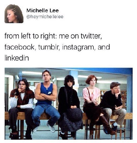 Michelle Lee @heymichellelee from left to right: me on twitter, facebook, tumblr, instagram, and linkedin у 4