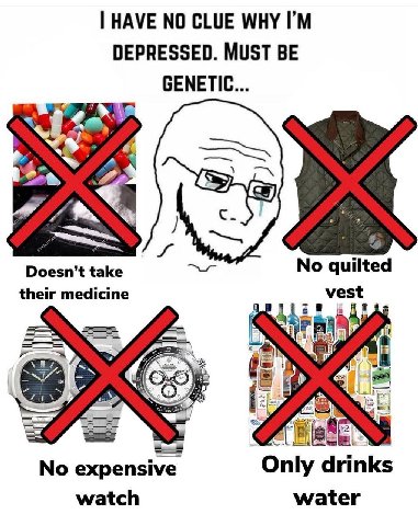 HAVE NO CLUE WHY DEPRESSED. MUST BE GENETIC take No quilted their medicine vest 120 No expensive Only drinks watch water