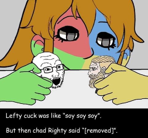 Lefty cuck was like “soy soy soy". But then chad Righty said “[removed]".