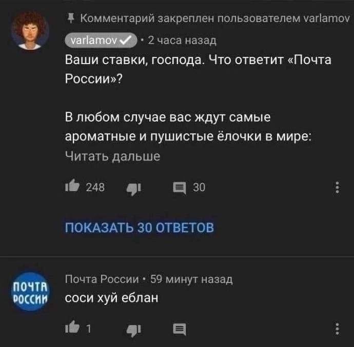 к Комментарий закреплен пользователем varlamov ‘varlamov 2 часа назад Ваши ставки, господа. Что ответит «Почта России»? В любом случае вас ждут самые ароматные и пушистые ёлочки в мире: Читать дальше 