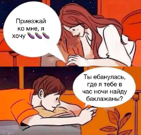 Приезжай мне, я хочу Ты ебанулась, где я тебе в час ночи найду баклажаны?