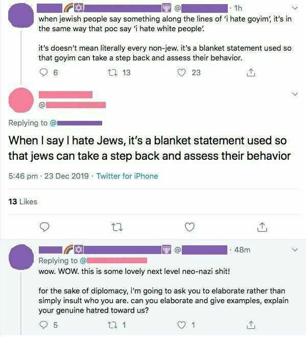 when jewish people say something along the lines of ‘i hate goyim’, it’s in the same way that рос say ‘i hate white people’ it’s doesn't mean literally every non-jew. it's a blanket statement used so 