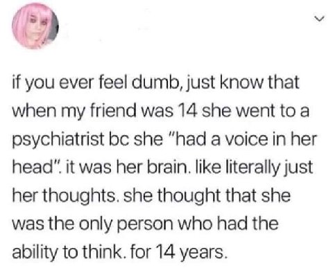 if you ever feel dumb, just know that when my friend was 14 she went to a psychiatrist she “had a voice in her head" it was her brain. like literally just her thoughts. she thought that she was the on
