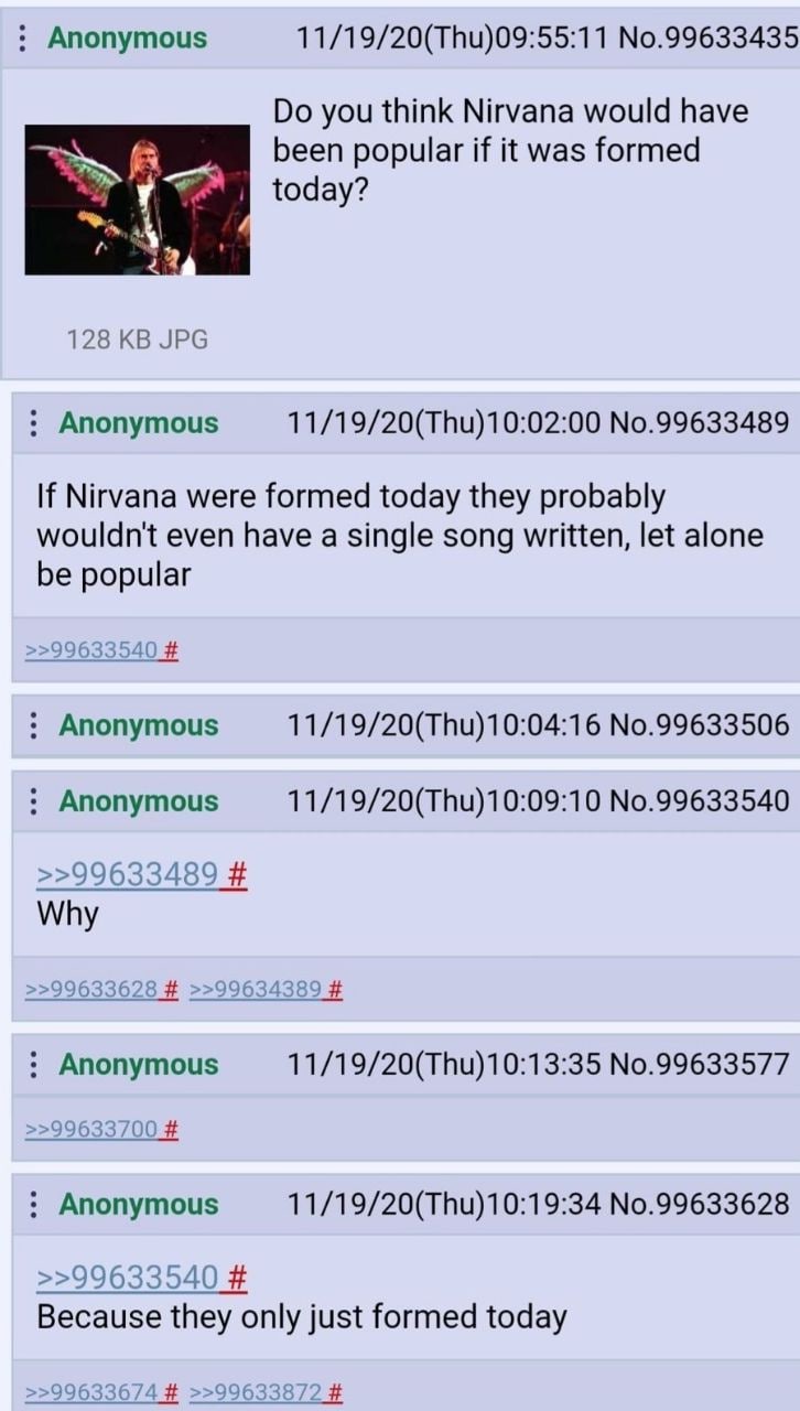 Anonymous 11/19/20(Thu)09:55:11 No.99633435 you think Nirvana would have been popular if it was formed В today? 128 JPG Anonymous 11/19/20(Thu)10:02:00 No.99633489 If Nirvana were formed today they pr