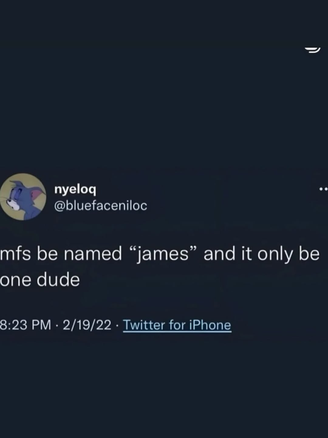 nyeloq @bluefaceniloc mfs be named “james” and it only be one dude 8:23 2/19/22 Twitter for iPhone