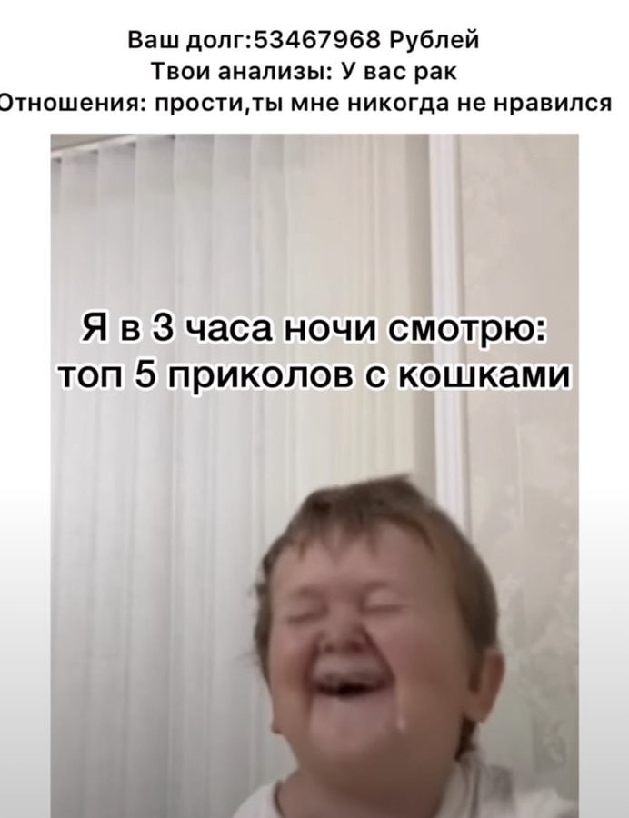 Ваш долг:53467968 Рублей Твои анализы: У вас рак Этношения: мне никогда не нравился Я в 3 часа ночи смотрю: топ 5 приколов с кошками
