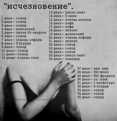 исчезновение 13 день- пепси лайт 14 день- Зкиви 15 день- стакан молоха 2 день- голод 16 кофе 3 день- голод 17 день- кофе 4 день- молокочай 18 денъ- яблоко день- пачка 0% творога 19 молокочай 5 голод 2