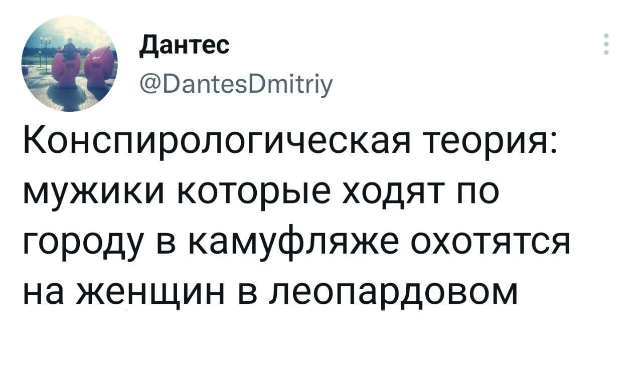 Дантес Конспирологическая теория: мужики которые ходят по городу в камуфляже охотятся на женщин в леопардовом