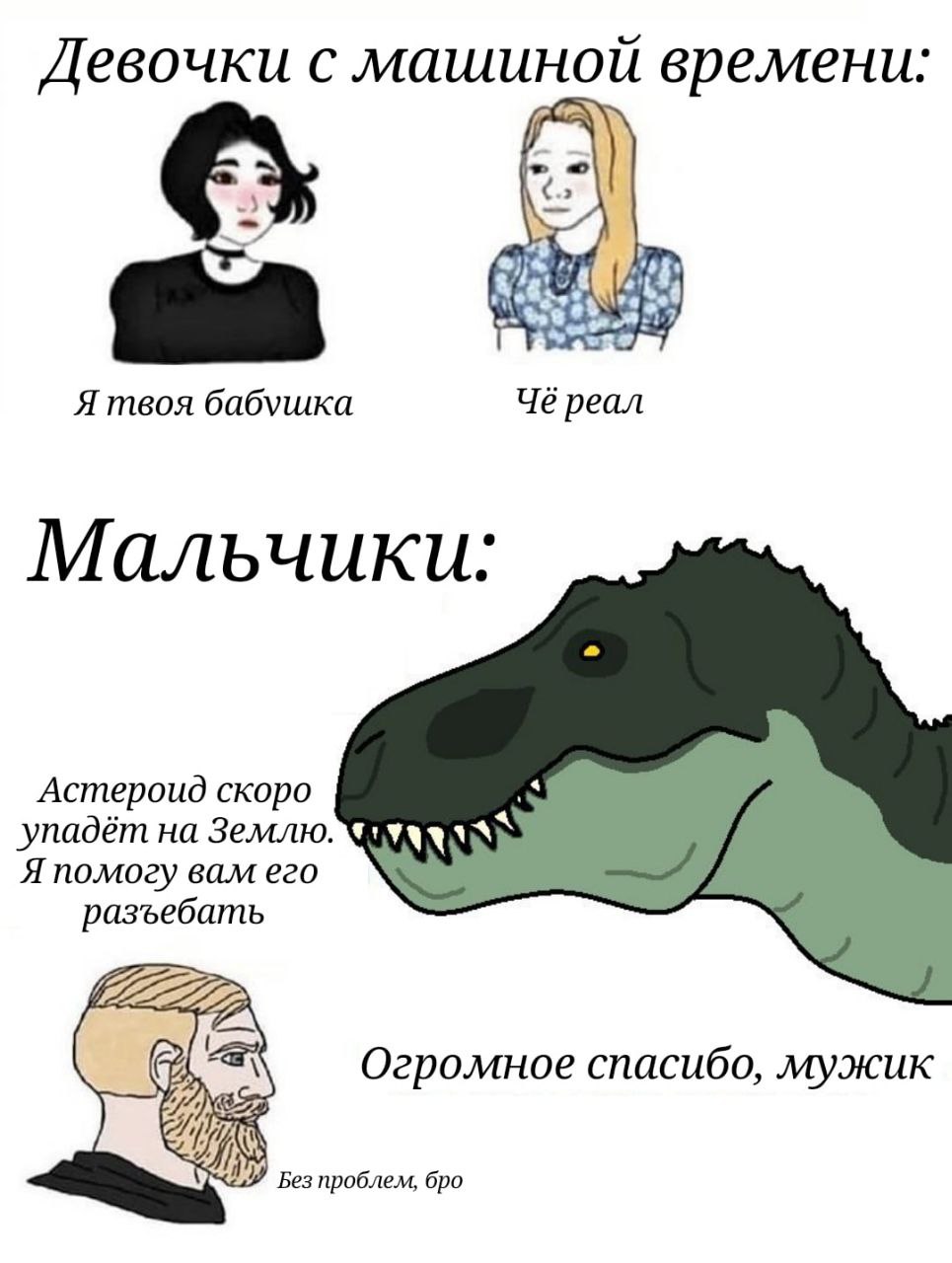 Девочки с машиной времени: Я твоя бабушка Чё реал Мальчики: Астероид скоро ‘упадёт на Землю. Я помогу вам его разъебать Огромное спасибо, мужик Без проблем, бро