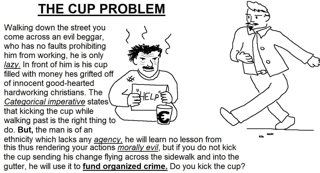THE CUP PROBLEM Walking down the street you come across an evil beggar, who has no faults prohibiting him from working, he is only lazy. front of him is his cup filled with money hes grifted of innoce