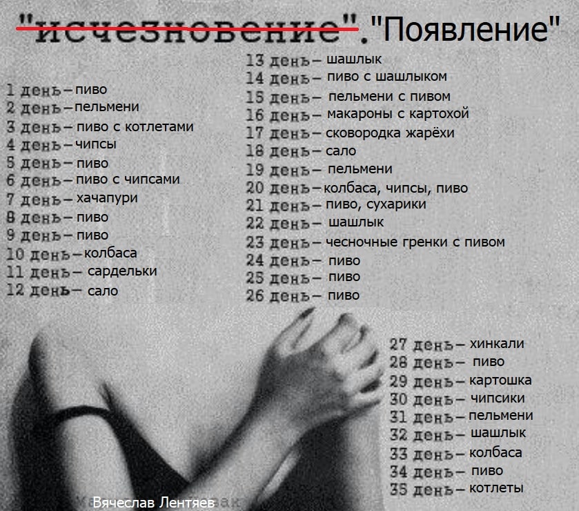 "Появление 13 шашлык 14 день- Пиво с шашлыком 1 день- пиво 15 пельмени с пивом 2 день-пельмени 16 лень- макароны с картохой день- пиво с котлетами 17 день- сковородка жарёхи 4 день-чипсы 18 лень- сало