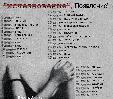 "Появление 13 шашлык 14 день- Пиво с шашлыком 1 день- пиво 15 пельмени с пивом 2 день-пельмени 16 лень- макароны с картохой день- пиво с котлетами 17 день- сковородка жарёхи 4 день-чипсы 18 лень- сало