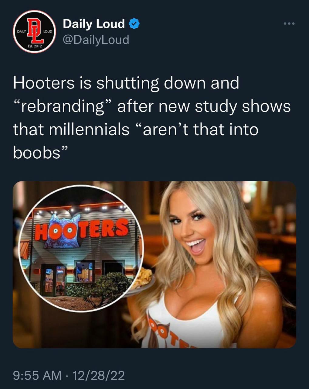 Daily Loud Hooters is shutting down and “rebranding” after new study shows that millennials “aren’t that into boobs”