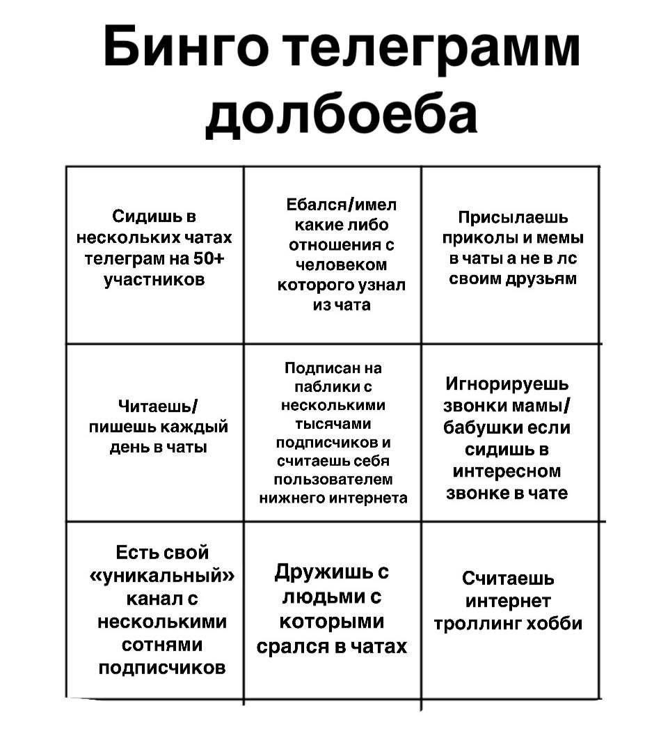 Бинго телеграмм долбоеба Сидишь в Ебался/имел какие либо Присылаешь нескольких чатах отношения с приколы и мемы вчатыанев телеграм на 50+ человеком участников которого узнал своим друзьям изчата Подпи