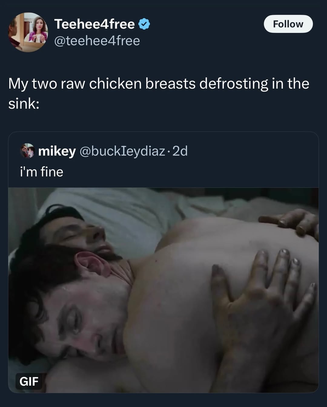 Teehee4free @teehee4free My two raw chicken breasts defrosting in the sink: mikey @buckleydiaz- fine