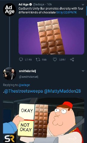 Age @adage Cadbury's Unity Bar promotes diversity with four Age different kinds of chocolate bit.ly/32dPN7K У: С) 2145 855 3597 smithdanielj @smithdanielj Replying to @adage .@Thestreetsweepa @MattyMa