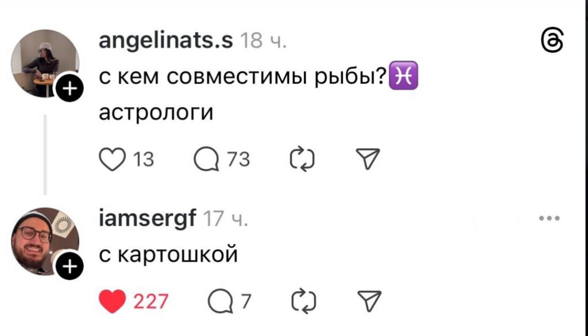 angelinats.s 18 с кем совместимы рыбы? астрологи 73 У 17 с картошкой 227 У