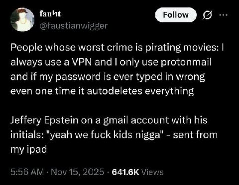 Я @faustianwigger People whose worst crime is pirating movies: always use a VPN only use protonmail and if my password is ever typed in wrong even one time it autodeletes everything Jeffery Epstein on
