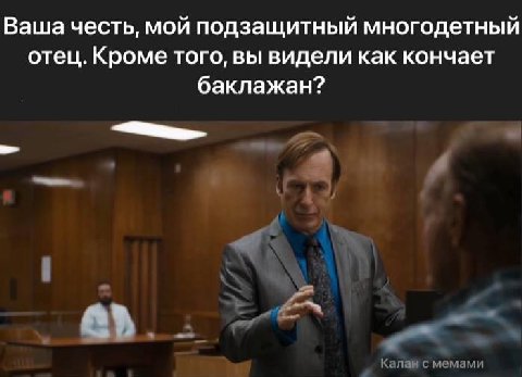Ваша честь, мой подзащитный многодетный отец. Кроме того, вы видели как кончает баклажан? Калан с мемами